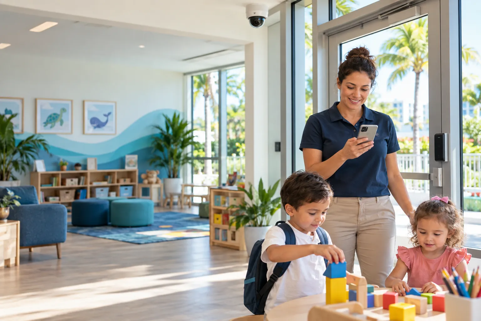 Daycare staff supervising children near integrated door and video safety technology