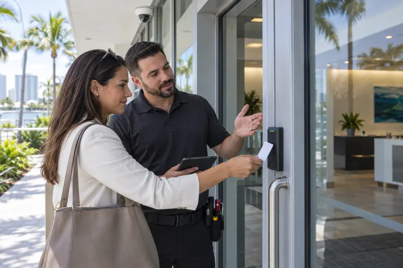 Smart keypad access control at a business entrance