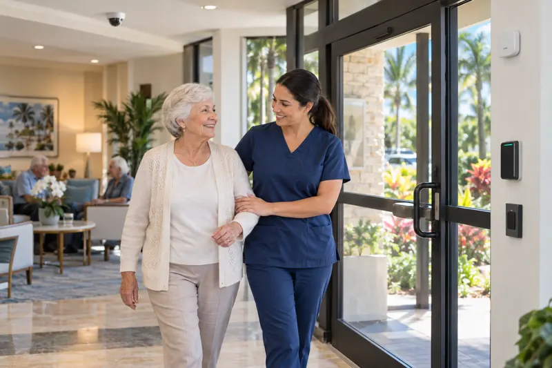 Caregiver helping a senior in a care facility