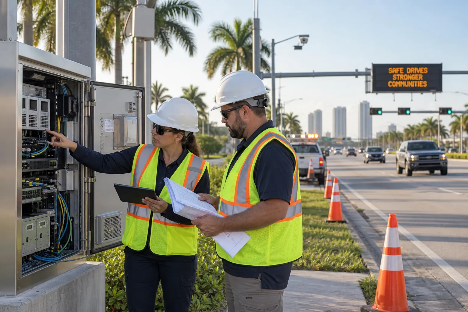 Two field technicians inspecting a roadside traffic signal cabinet in Florida
