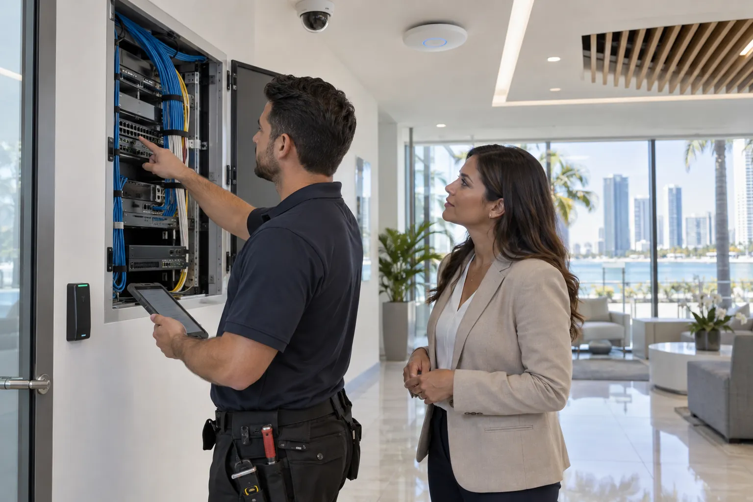 Technician working on a low voltage network panel while a client watches