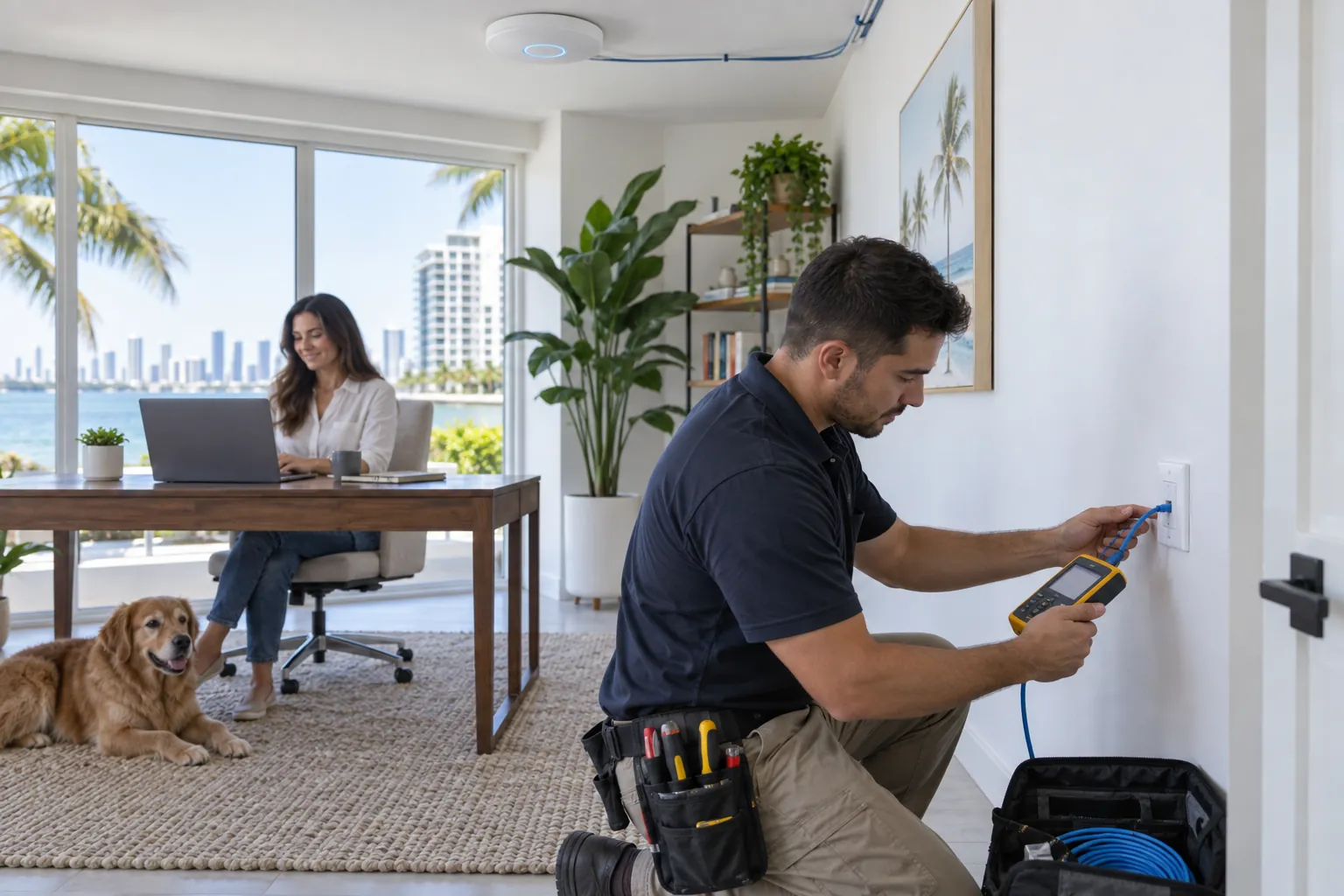 Technician testing a network wall jack in a home office