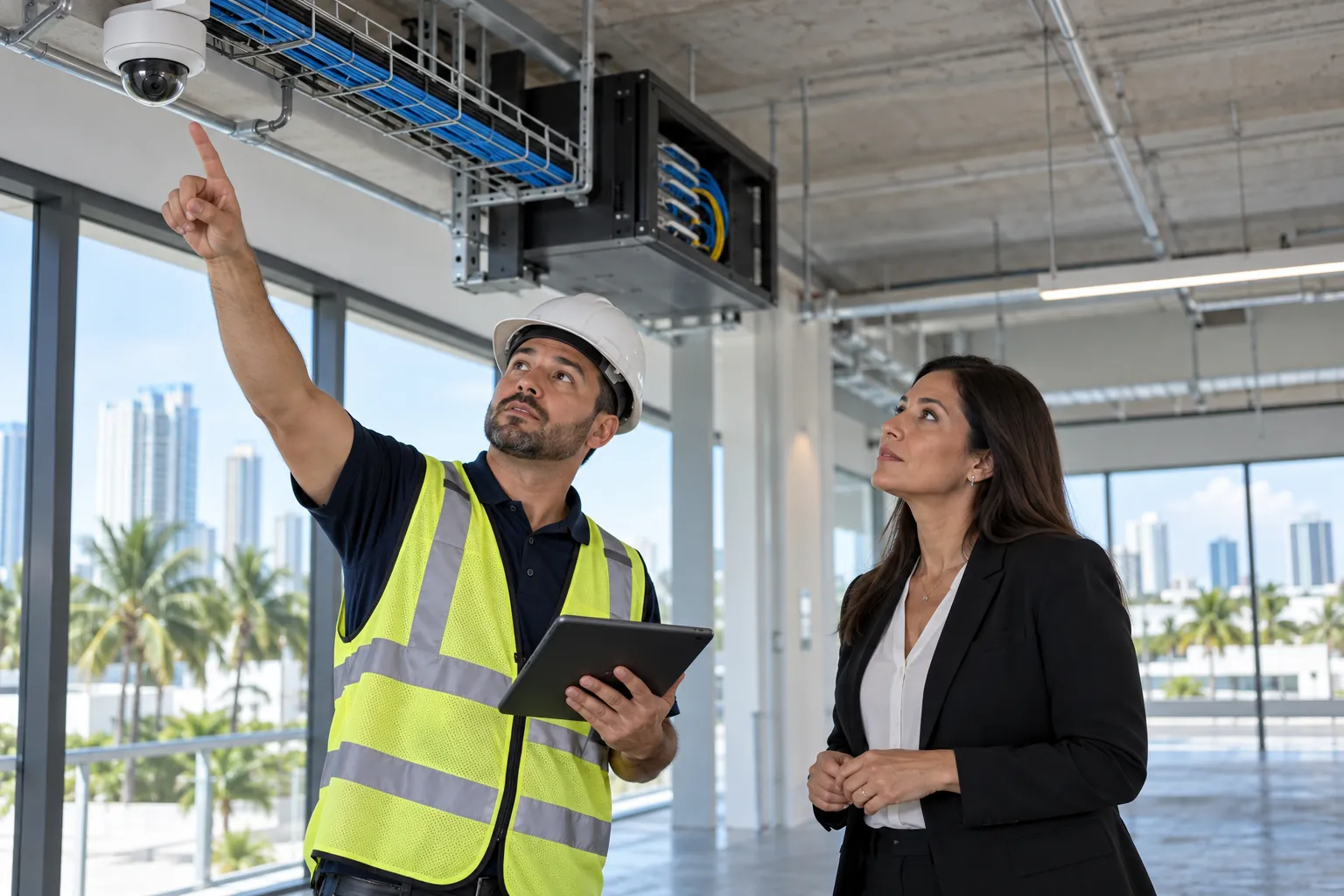 Technician pointing at a ceiling camera and cable tray during a site assessment