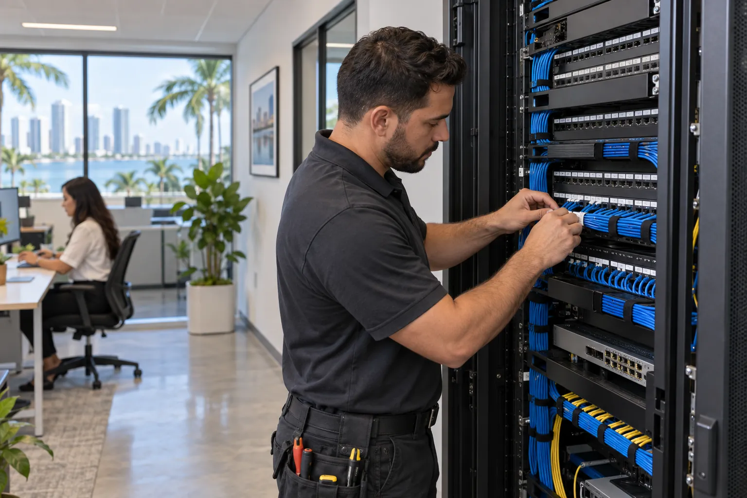 Technician organizing patch cables in a network rack in an office