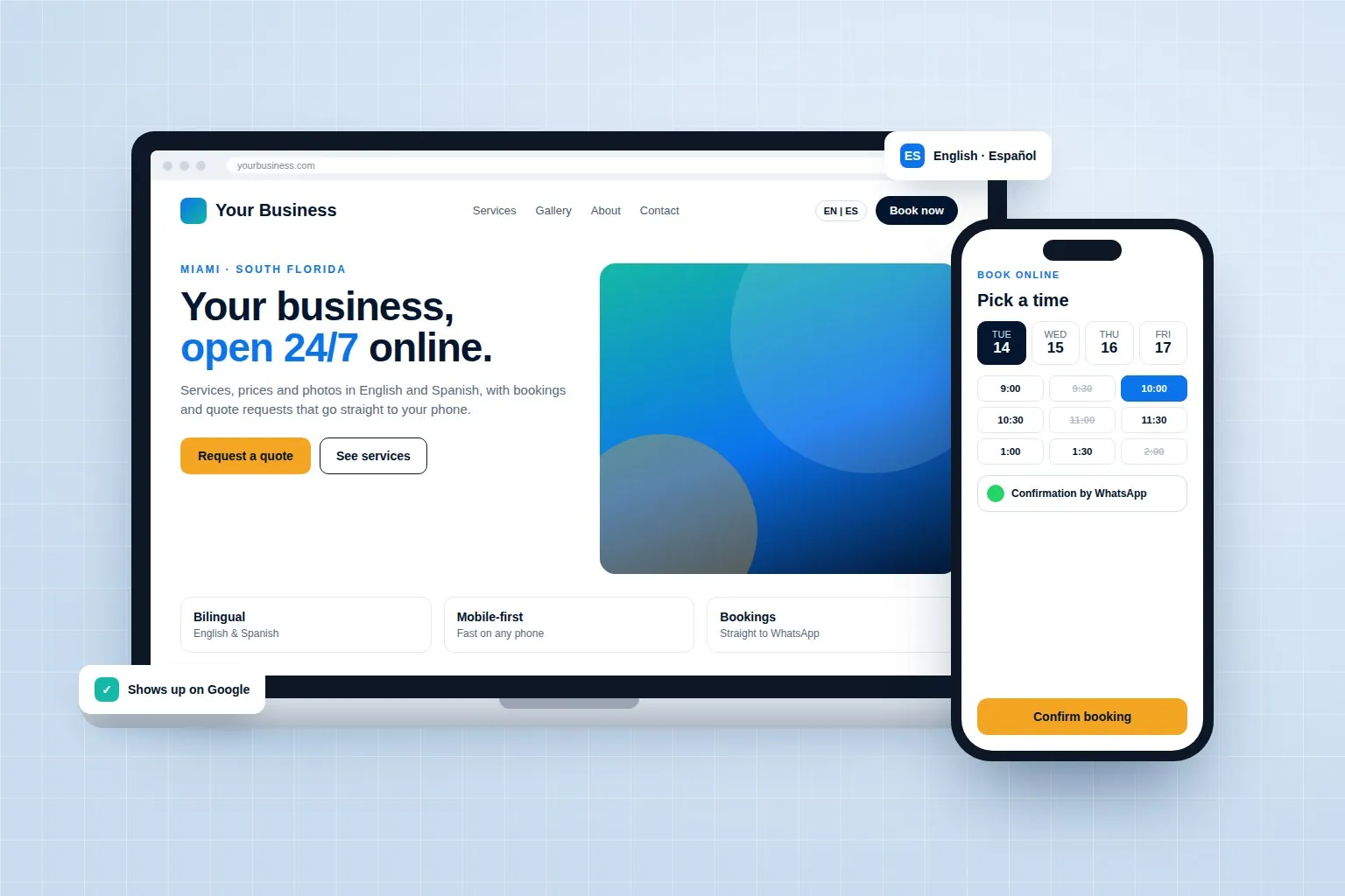 Illustration of a bilingual small business website on a laptop and a phone with an online booking screen